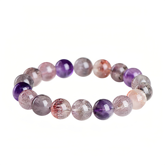 (Spiritual Ring) Natural Amethyst, Rose Quartz, and Super Seven Bead Bracelet